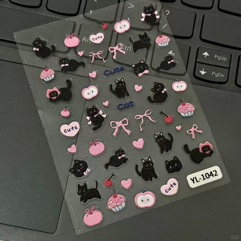 Nail Art Vintage - Sevimli Karikatür Fiyonklu Siyah Kedi 3D